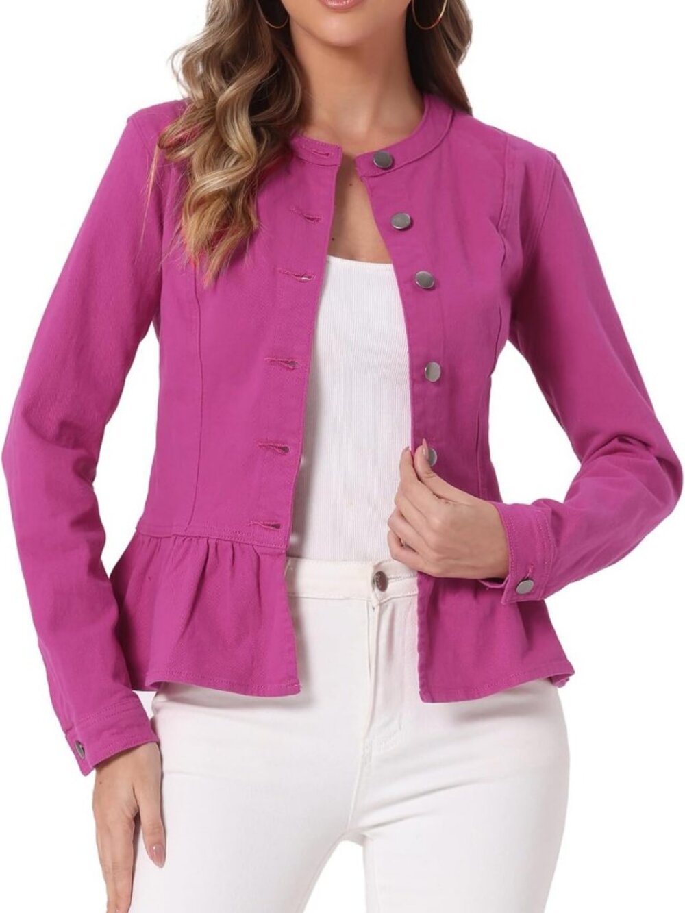 Chic Women's Peplum Denim Jacket - Collarless, Ruffle Hem, Stylish Layering